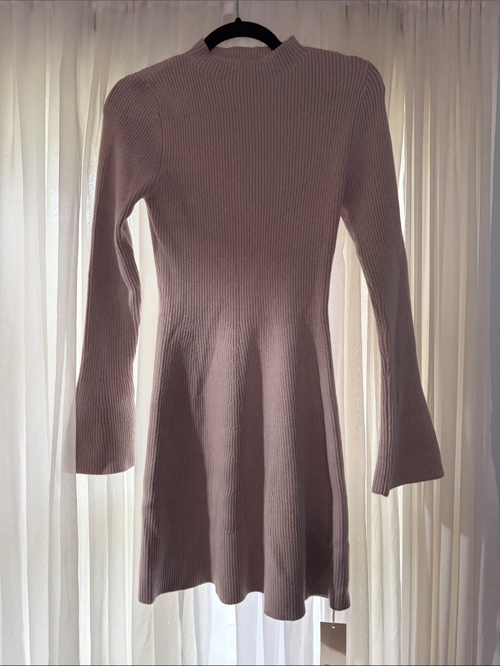 Ribbed Long-Sleeve Knit Dress in Mauve
